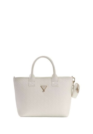 Borsa tote bianca con motivo in rilievo, due manici, logo triangolare dorato sul davanti e una piccola pochette con cerniera attaccata di lato.