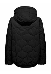 Schwarze gesteppte Jacke mit Kapuze, die ein strukturiertes Muster aus abgerundeten Formen aufweist, mit elastischem Saum und glatter Oberfläche.