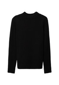 Pull en maille noire avec col rond, manches longues et poignets et ourlet côtelés. La texture semble douce et légèrement épaisse.