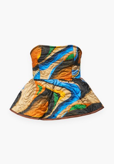 Prošívaný top bez ramínek s peplum designem. Obsahuje barevné vzory v oranžové, modré, zelené a hnědé na texturované tkanině.