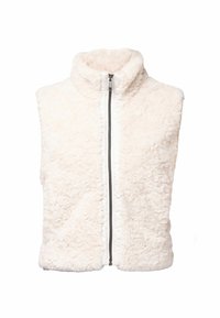 Krēsojošs mākslīgā kažoka veste krēmkrāsā ar augstu apkakli un priekšējo rāvējslēdzēju. Iekļauj teksturētu audumu un neizšūtu iekšpusi komfortam.