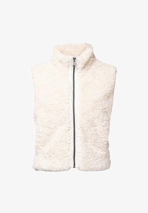 Faux fur vest in cream with a high collar and front zipper. Features textured fabric and an unlined interior for comfort.