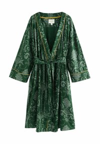 Robe verde con un motivo floreale, realizzata in materiale simile alla seta. Presenta una scollatura a V, maniche lunghe e dettagli in piping giallo. Include una cintura in vita.
