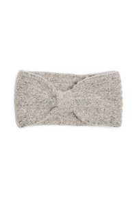 Bandeau beige doux en tricot avec une texture côtelée et un nœud torsadé au centre, posé à plat sur un fond blanc.
