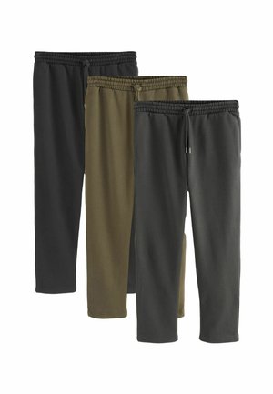 Drei Paar Jogginghosen in Schwarz, Olivgrün und Dunkelgrau. Hergestellt aus weichem Stoff, mit elastischem Bund und Kordelzugverschluss.