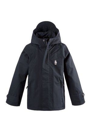 Veste noire à capuche avec fermeture éclair frontale et boutons-pression, présentant un petit logo pingouin blanc sur la poitrine et des poignets de manches réglables.