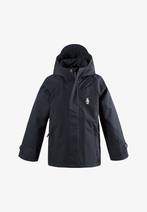 Giacca nera con cappuccio, chiusura frontale con zip e bottoni a pressione, con piccolo logo bianco a forma di pinguino sul petto e polsini regolabili.