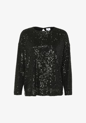 Svart paljett-topp med långa ärmar, rund halsringning och öppen ryggdetalj. Har en strukturerad yta av tätt placerade paljetter.