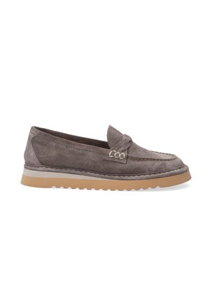 Gray suede slip-on shoe with a decorative bow and stitching detail. Features a cream midsole and a textured rubber outsole for traction.