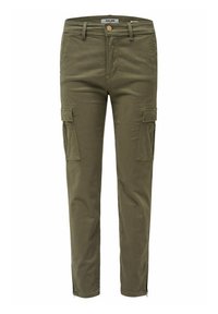 Pantalons cargo en coton vert olive, avec poches latérales, poignets zippés et une coupe droite. Fermeture à bouton visible à la taille.