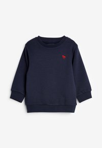Navyblauer Baumwollpullover mit langen Ärmeln, gerippten Bündchen und rundem Halsausschnitt. Mit einem kleinen roten Logo auf der Brust. Glatte Textur.