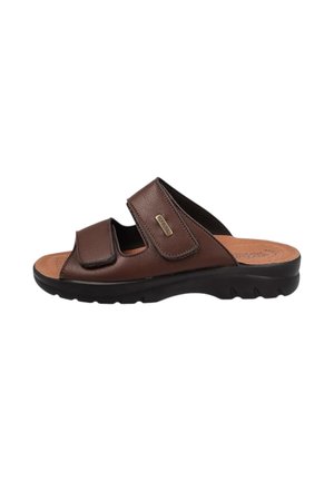 Sandalo marrone in pelle con punta aperta, due cinturini regolabili in velcro e suola nera imbottita, progettato per un uso casual.
