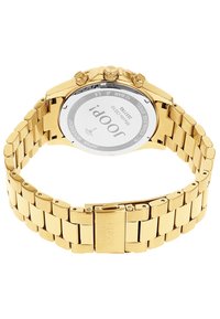 Goldfarbene Edelstahl-Uhr mit Gliederarmband, rundem Gehäuse und drei Drückern. Rückseite zeigt Branding und Bewegungsdetails.