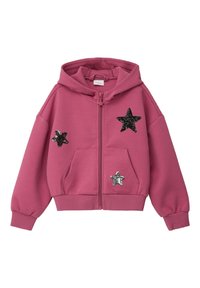 Różowa bluza z kapturem na zamek błyskawiczny, ozdobiona trzema aplikacjami w kształcie gwiazdek w czarnych i srebrnych cekinach. Zawiera kieszenie z przodu oraz ściągacze na rękawach.