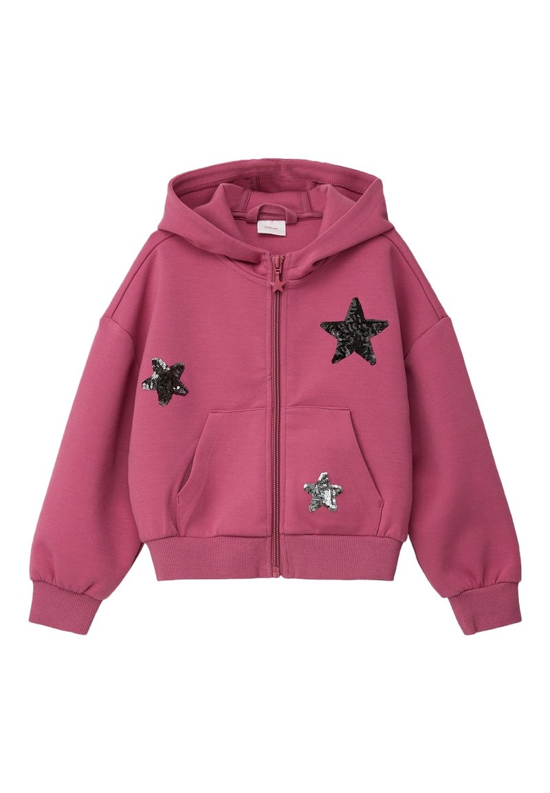 Różowa bluza z kapturem na zamek błyskawiczny, ozdobiona trzema aplikacjami w kształcie gwiazdek w czarnych i srebrnych cekinach. Zawiera kieszenie z przodu oraz ściągacze na rękawach.