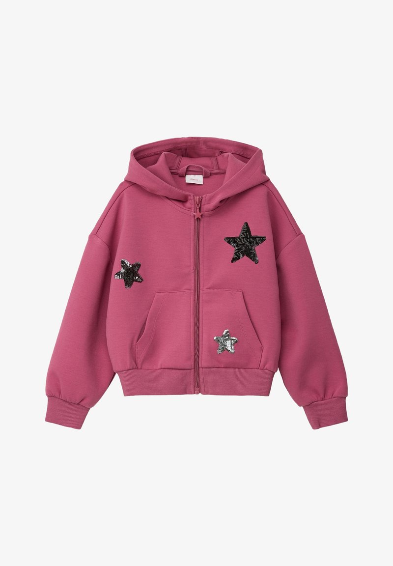 Różowa bluza z kapturem na zamek błyskawiczny, ozdobiona trzema aplikacjami w kształcie gwiazdek w czarnych i srebrnych cekinach. Zawiera kieszenie z przodu oraz ściągacze na rękawach.