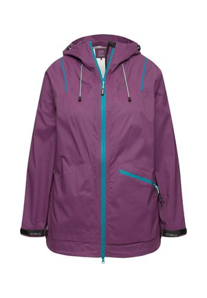 Paarse waterdichte jas met een voorrits, verstelbare capuchon en turquoise accenten. Inclusief zijzakken en elastische manchetten.