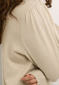 Béžový pletený svetr s detaily na ramenou s nafouknutým tvarem a dlouhými, přiléhavými rukávy. Hladká textura s žebrovanými akcenty u manžet.