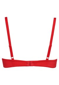 Červená podprsenka s nastavitelnými ramínky, hladkým povrchem a háčkovým zapínáním. Disponuje minimalistickým designem bez vycpávek nebo ozdob.