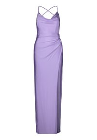 Lavendelfarbenes Maxikleid mit Spaghetti-Trägern und gekreuztem Rücken. Glatter, dehnbarem Stoff mit Raffung an der Seite. Figurbetonte Silhouette.