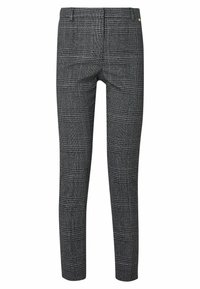 Slanke grå ternede bukser med smalle ben og bæltestropper, designet til formelt eller erhvervsmæssigt brug.