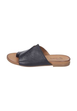 Black leather open-toe slide sandal with a tan cushioned sole and a wide strap covering the upper foot.