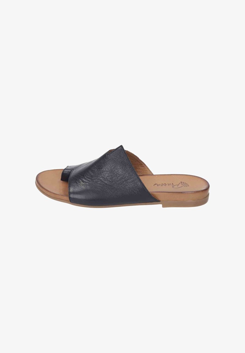 Black leather open-toe slide sandal with a tan cushioned sole and a wide strap covering the upper foot.