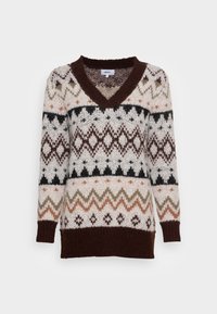 Knit sweater featuring a V-neck, geometric patterns in brown, black, cream, and rust, with ribbed cuffs and hem for texture.