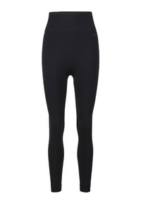 Zwarte legging met een hoge tailleband. Gemaakt van rekbaar materiaal, met een gladde textuur en een minimalistisch ontwerp. Klein rood logo-accent.