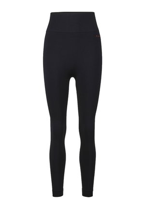Schwarze Leggings mit hohem Bund. Hergestellt aus elastischem Material, mit glatter Textur und minimalistischer Gestaltung. Kleines rotes Logo-Acccent.