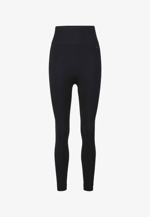 Schwarze Leggings mit hohem Bund. Hergestellt aus elastischem Material, mit glatter Textur und minimalistischer Gestaltung. Kleines rotes Logo-Acccent.