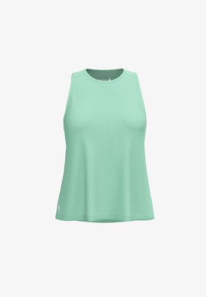 Débardeur de sport vert menthe sans manches, fabriqué en tissu évacuant l'humidité, avec un col rond et une coupe décontractée pour le confort.