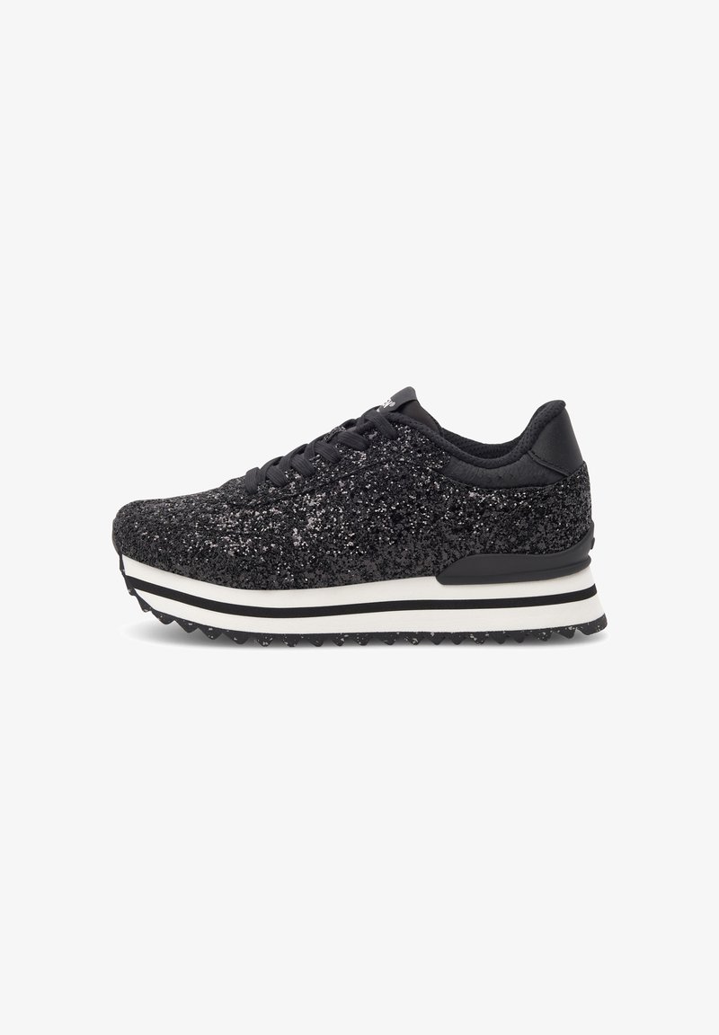 Black sneakers with a glittery texture, featuring a white and black striped sole, round toe, and lace-up design.