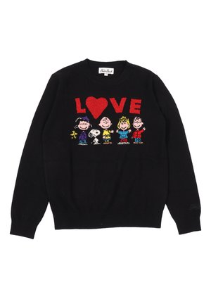 Maglione nero con vivaci personaggi dei cartoni animati e la parola "LOVE" in rosso, accompagnata da un disegno a cuore. Tessuto lavorato a maglia con scollatura a girocollo.