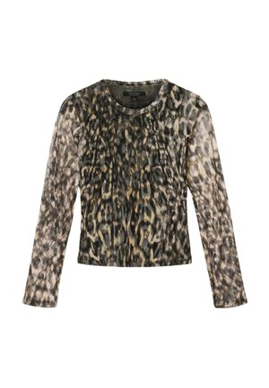 Haut à manches longues avec imprimé léopard en nuances de noir, marron et beige. Encolure ronde et tissu léger texturé.