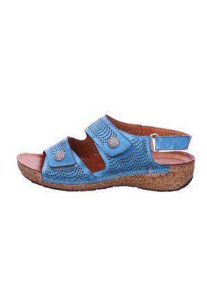 Blue leather sandal with cork wedge sole, perforated design, two adjustable straps with decorative buttons, open toe and heel design.