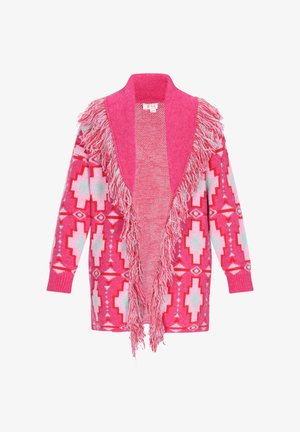 Lyserød fringed cardigan med et geometrisk mønster i klar lyserød og lys blå. Har en åben front og lange ærmer. Blødt materiale.