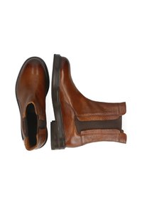 Par de botas Chelsea de cuero marrón con paneles laterales elásticos y lengüetas de tirón, mostradas desde vistas superior y lateral sobre un fondo blanco.