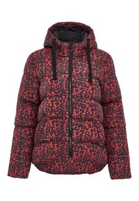 Polstret jakke med hætte, med et mønster af rød og sort leopardprint, forkrommet lynlås og sorte snore. Blød, quilted struktur.