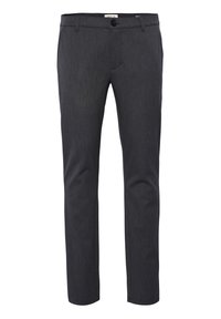 Pantalon de costume slim fit gris foncé pour homme avec fermeture avant par bouton et zip, passants de ceinture et poches latérales.