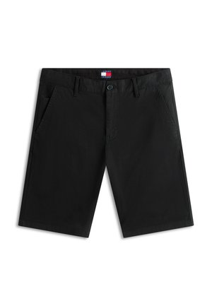 Pantaloni scurți negri până la genunchi, cu bucle pentru curea, închidere cu nasturi, buzunare laterale și o mică etichetă cu logo pe talie.