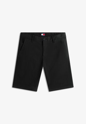 Pantaloni scurți negri până la genunchi, cu bucle pentru curea, închidere cu nasturi, buzunare laterale și o mică etichetă cu logo pe talie.