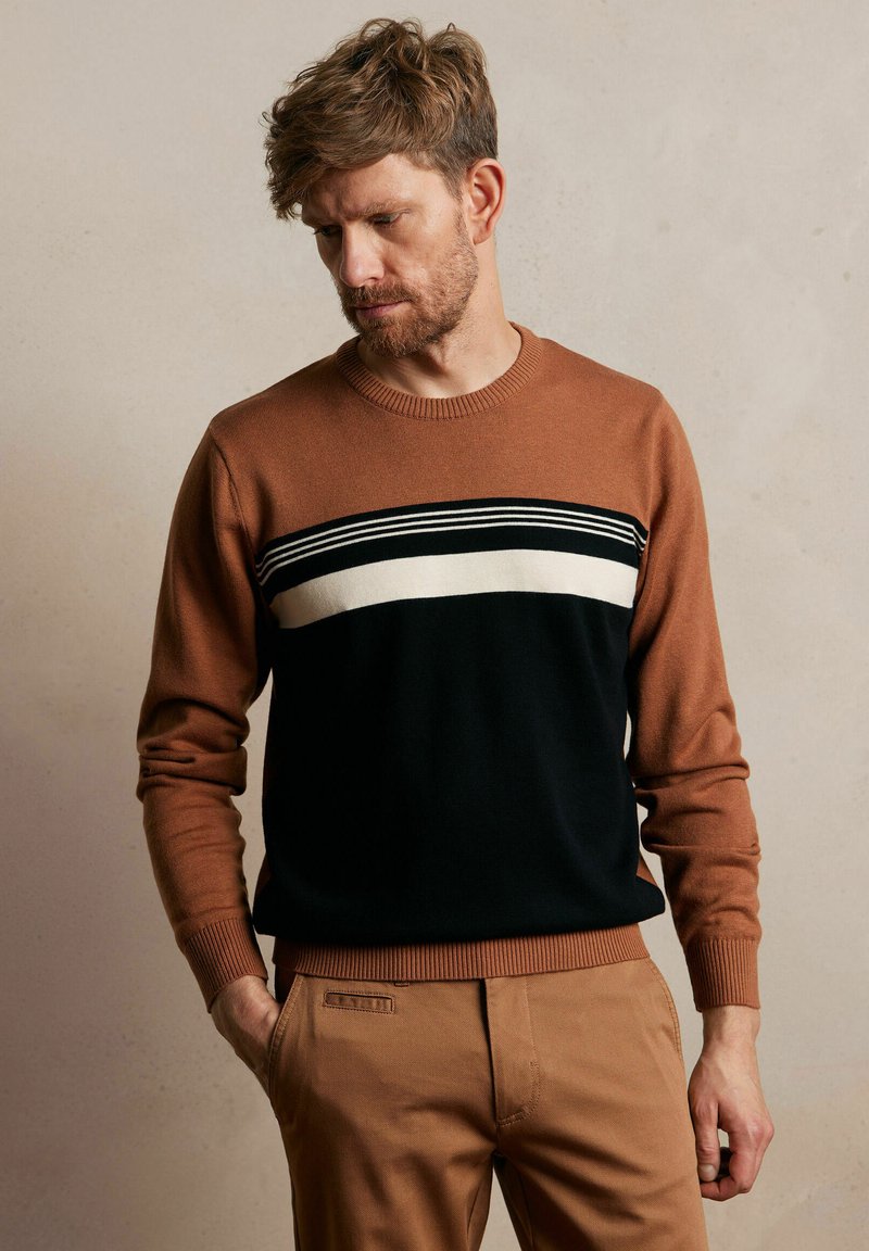 Brązowy i czarny sweter z białym paskiem na klatce piersiowej, dzianinowa tekstura, okrągły dekolt i ściągacze. W komplecie z beżowymi spodniami.