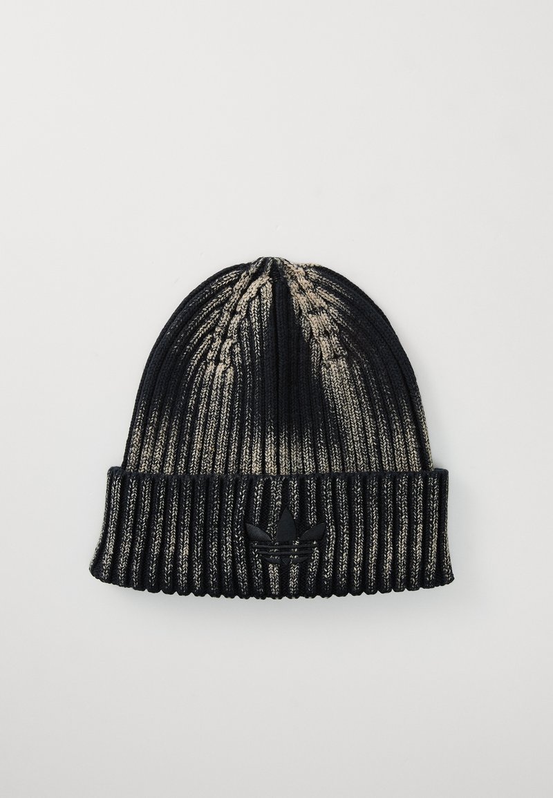 Μαύρο και μπεζ πλεκτό σκουφάκι με ριμπ ύφανση, διπλωμένο γείσο και μικρό μαύρο κεντημένο λογότυπο μπροστά.