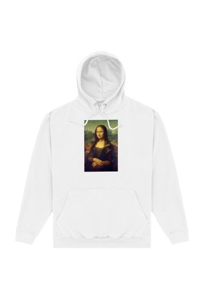 Hvid hættetrøje med frontlomme med Leonardo da Vincis Mona Lisa-maleri centreret på brystet.