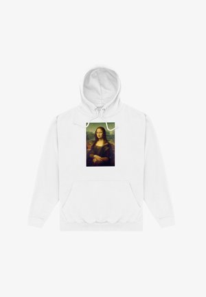 Biała bluza z kapturem z przednią kieszenią, na której pierś umieszczono obraz Mona Lisa Leonarda da Vinci.
