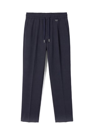 Pantaloni casual blu navy con vita elastica, coulisse regolabile, tasche laterali e vestibilità dritta e comoda.