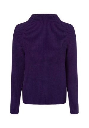 Purple knitted sweater with a high neckline, long sleeves, ribbed texture, and a straight cut, featuring a small logo detail at the hem.