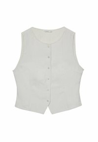 Light gray sleeveless top made of soft fabric, featuring a round neckline and a front button closure with six buttons.