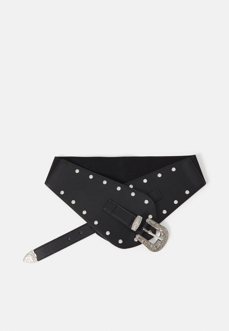 Black elastic belt with silver buckle, featuring decorative studs and a rectangular shape. Textured finish with pointed tip on the strap.
